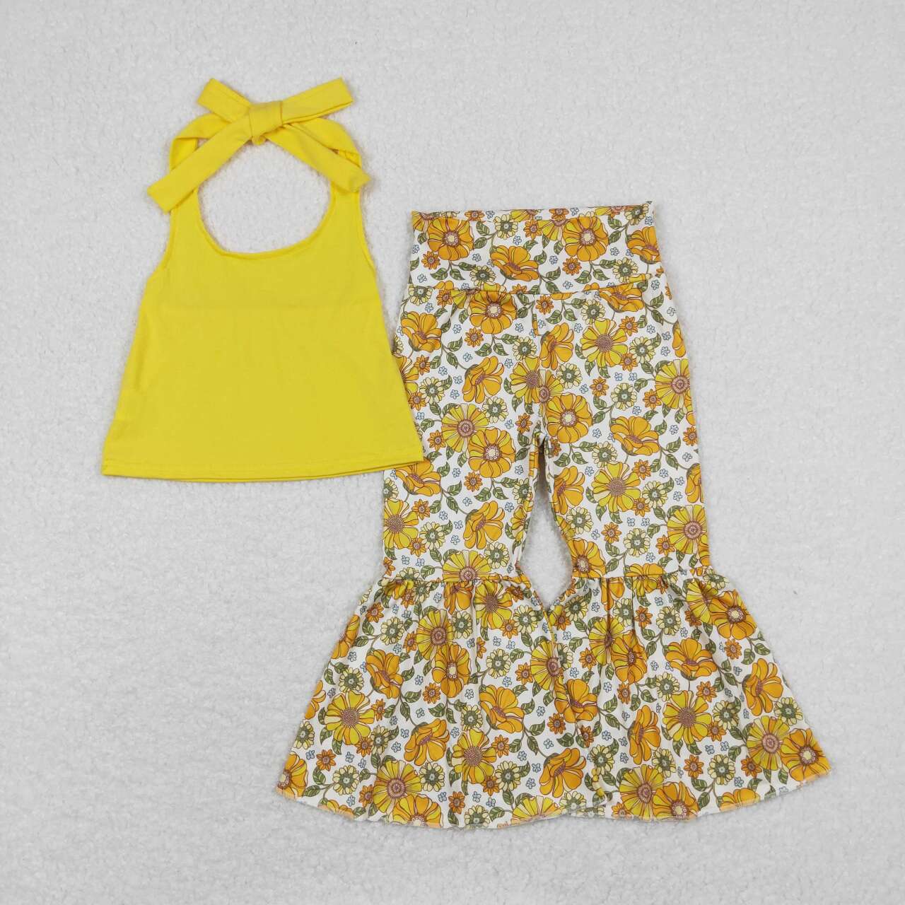 GSPO1430 Yellow lace-up top colorful flowers pants girls set