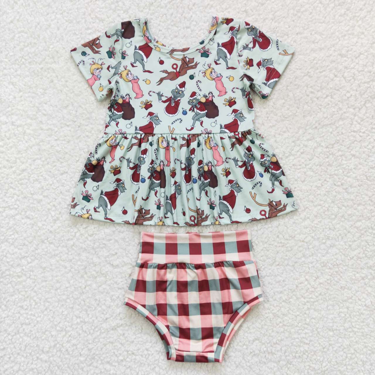 GBO0187 Christmas green face short sleeve girls bummies set