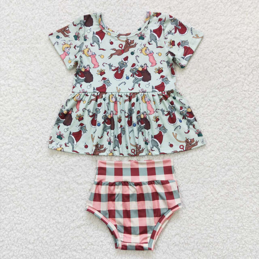 GBO0187 Christmas green face short sleeve girls bummies set