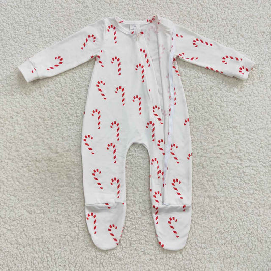 LR0551 Christmas candy cane white long sleeve kids romper