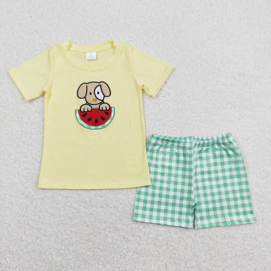 BSSO0446 embroidery Watermelon Dog Yellow Short Sleeve Green Checkered Shorts Boys Summer Set