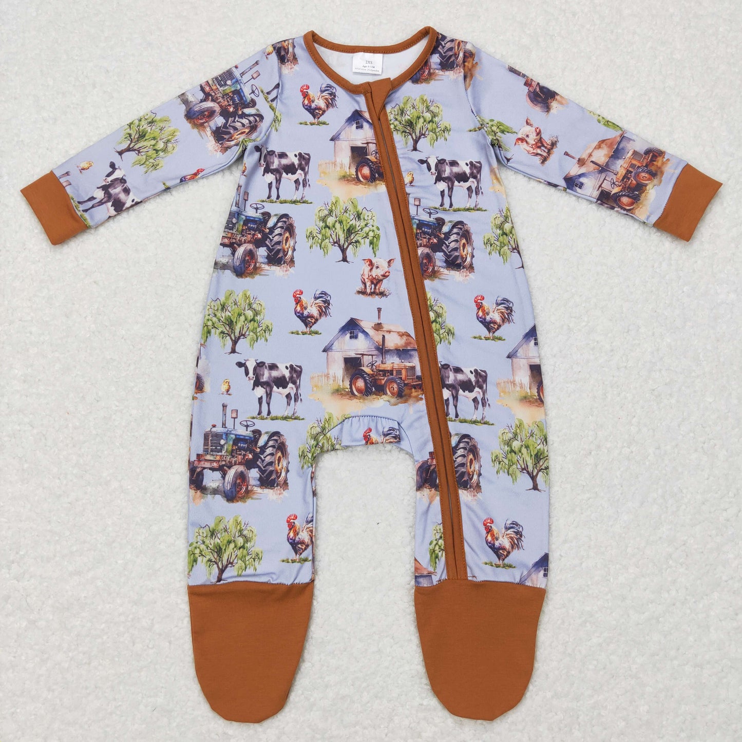 LR0632 Farm house cow animals brown zipper long sleeve kids romper