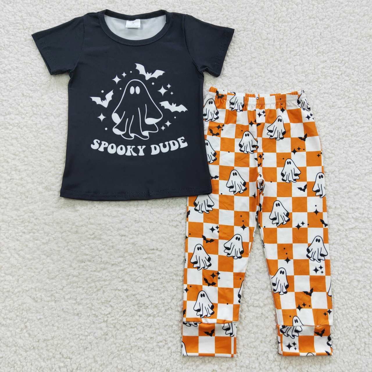 BSPO0128 Spooky Dude Ghost Black Short Sleeves Orange Plaid Print Pants Boys Clothes