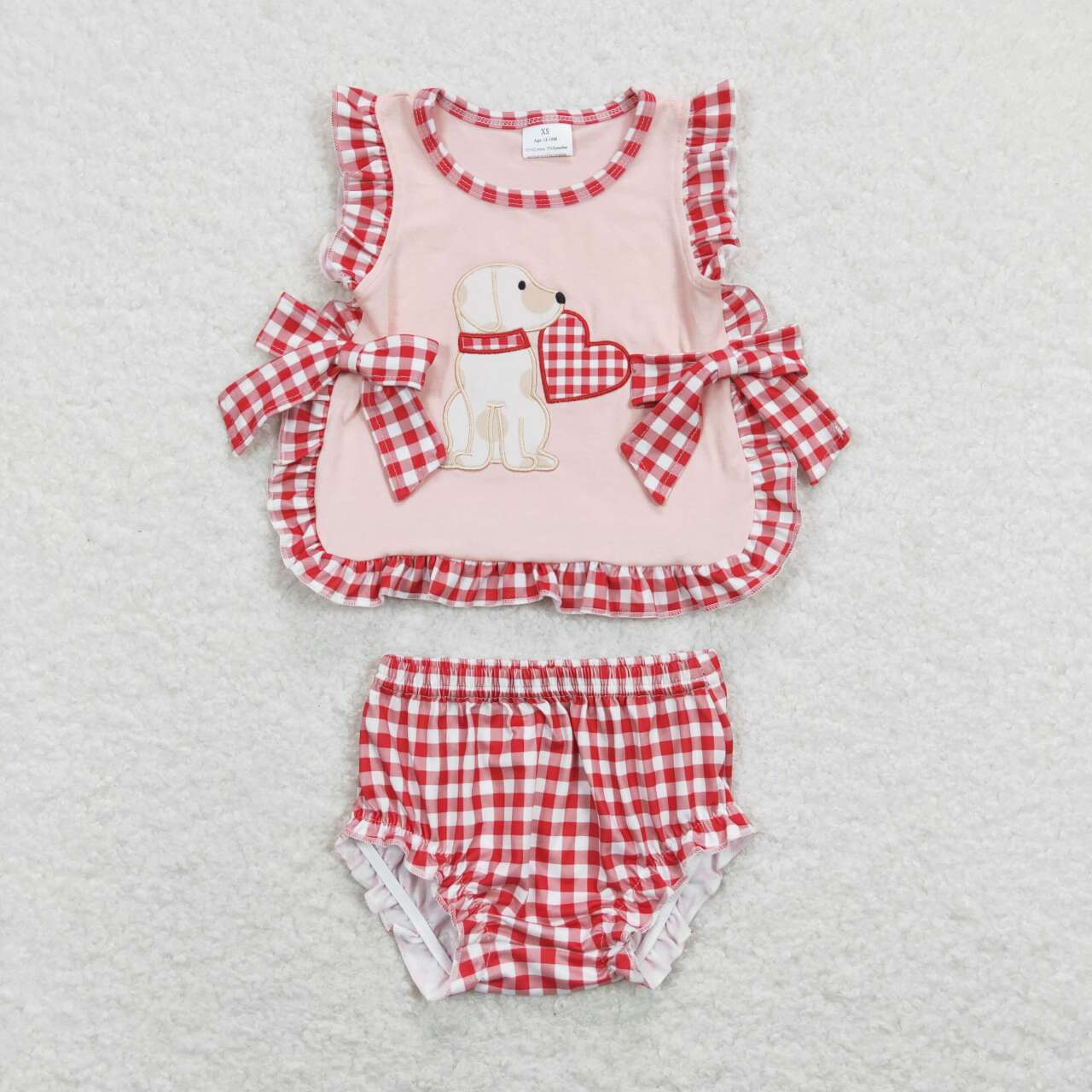 GBO0230 Valentine's Day Dog Heart Pink Sleeveless Red Checkered Girls Bummies Set