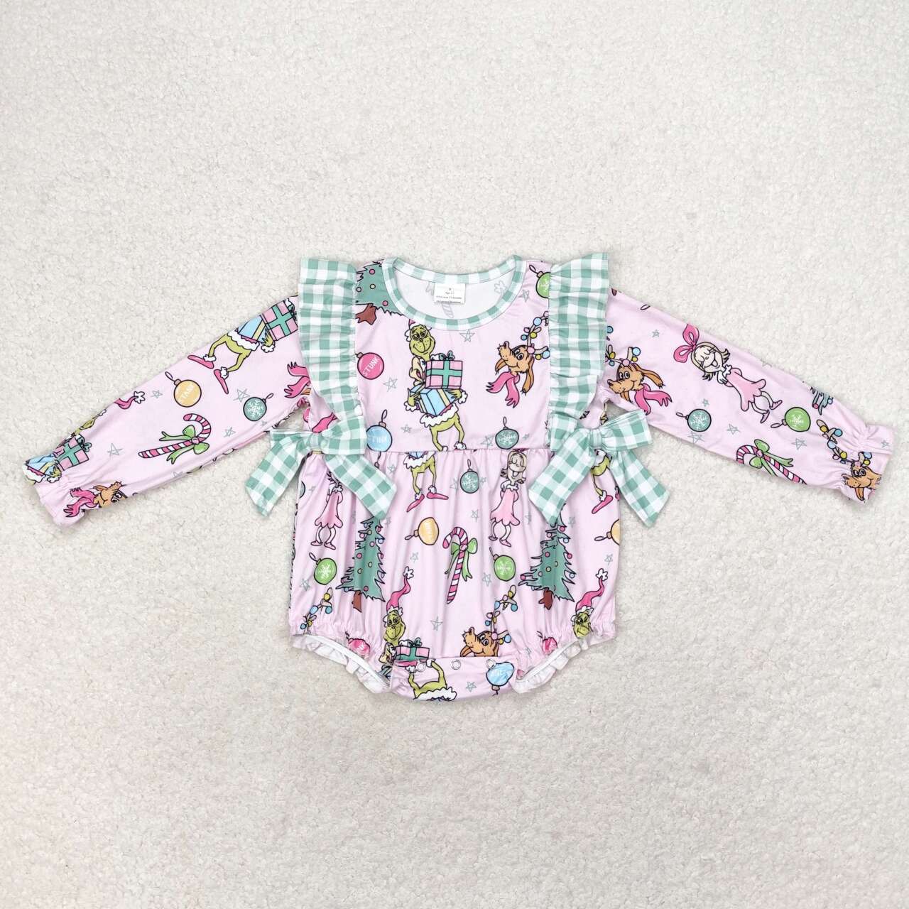 LR0998 Christmas green face cartoon green checkered ruffles girls pink long sleeve romper