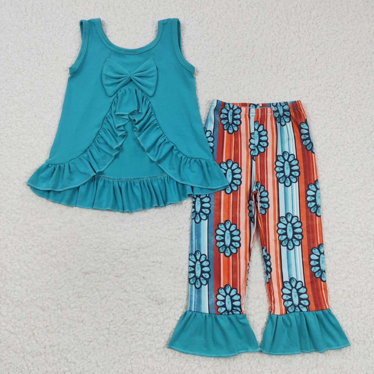 GSPO0665 Blue Short Sleeve Striped Gemstone Pants Girl Set