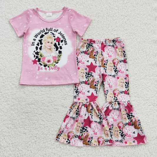 GSPO0719 Singer Pink Short Sleeves Star Pants Girls Set