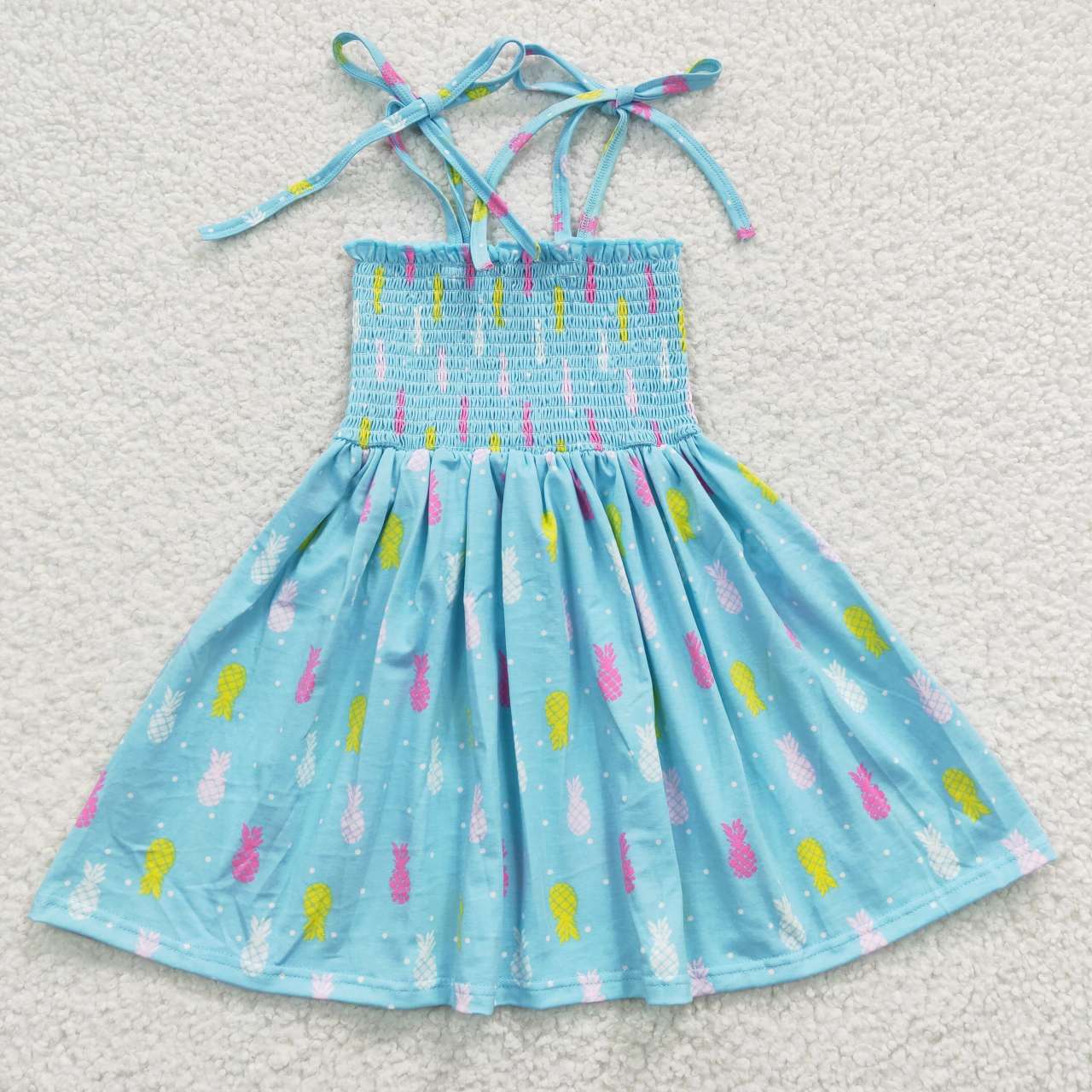 GSD0350 Smocking Stitch Blue Pineapple Girls Summer Dress