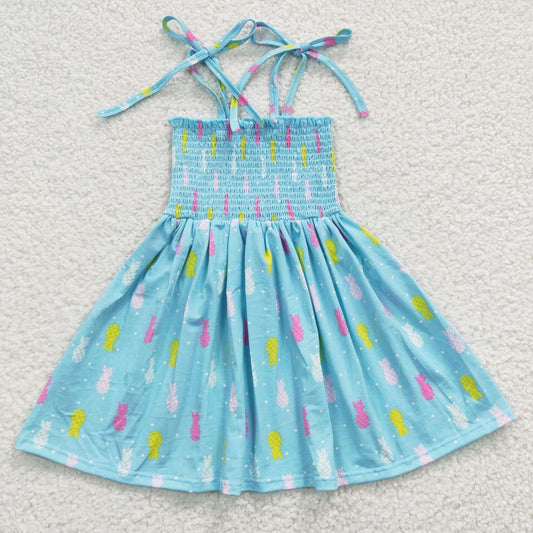 GSD0350 Smocking Stitch Blue Pineapple Girls Summer Dress