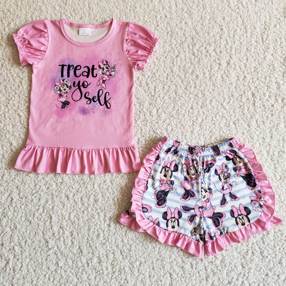 B7-12 Pink Summer Cartoon Treat Yo' Self Kids Girls Set