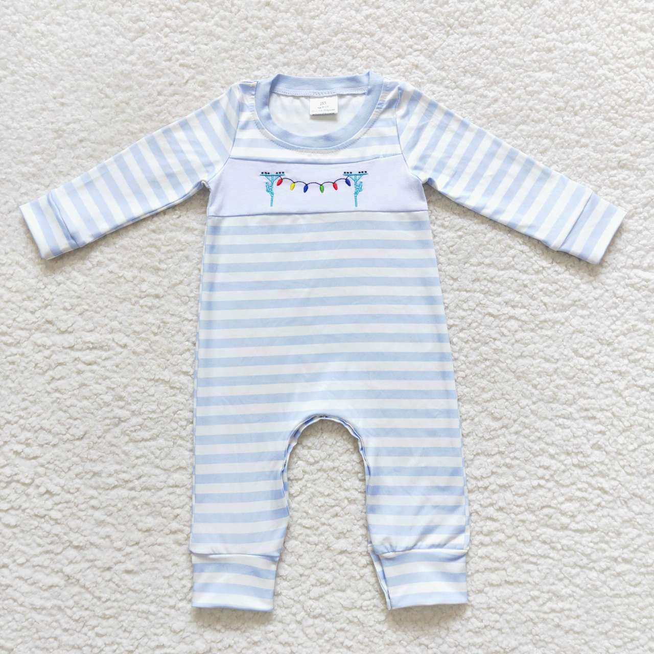 LR0583 Christmas colorful light blue striped long sleeve boys romper