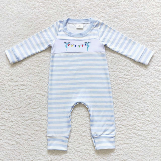 LR0583 Christmas colorful light blue striped long sleeve boys romper