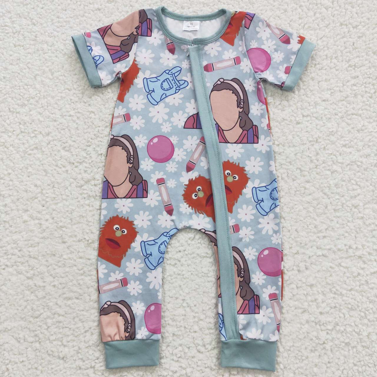 SR0347 Teacher Short Sleeve Cartoon Zip Romper