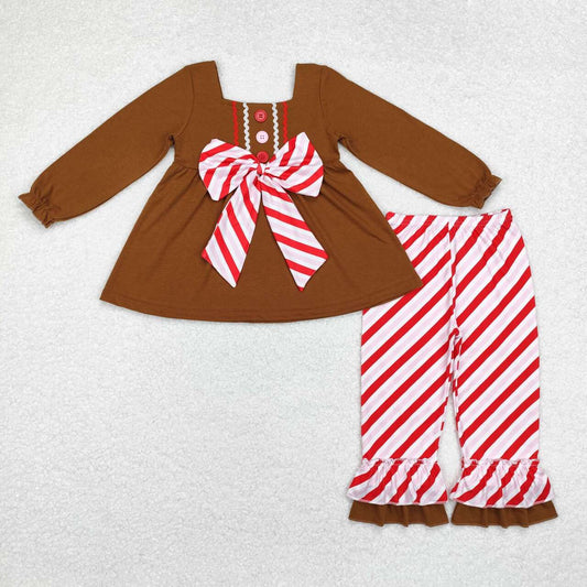 GLP1682 Christmas gingerbread man bow brown long sleeve red striped pants girls set