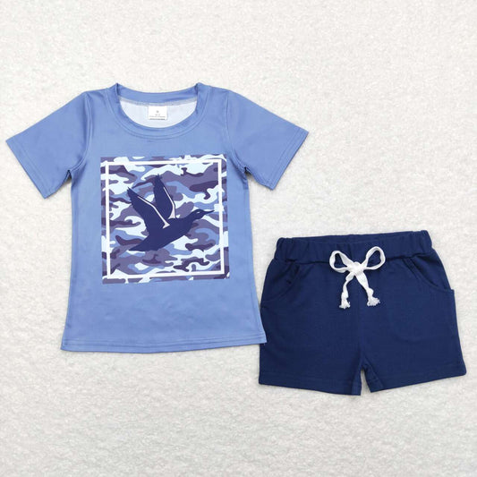 BSSO0479 Baby Boy Hunting Mallard Blue Camo Short Sleeve Cotton Shorts Boys Set Kids Camo Clothes