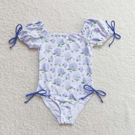 S0329 purple flowers short sleeve girls bathing swimsuits