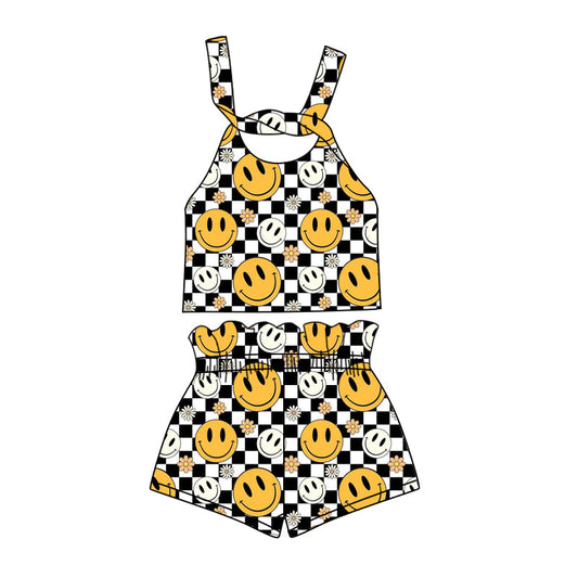 custom (moq 5)Baby Girls Checkered Smile Straps Top Shorts Clothes Sets
