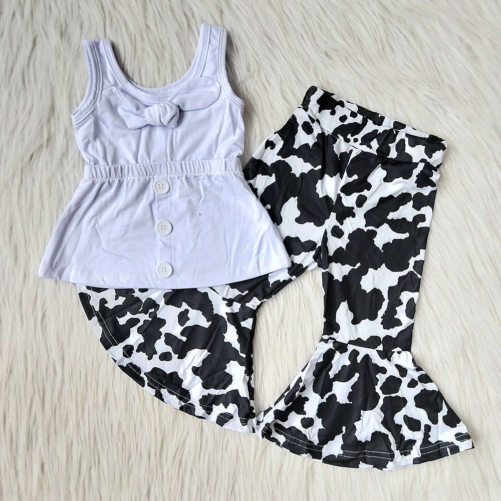 A18-4 White Top Match Cow Print Bell-Pants Girls Set