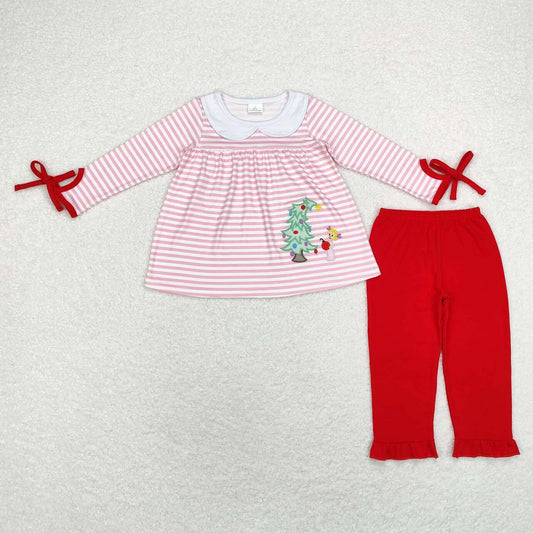 embroidery GLP1677 Christmas tree dog pink striped long sleeve red pants girls set