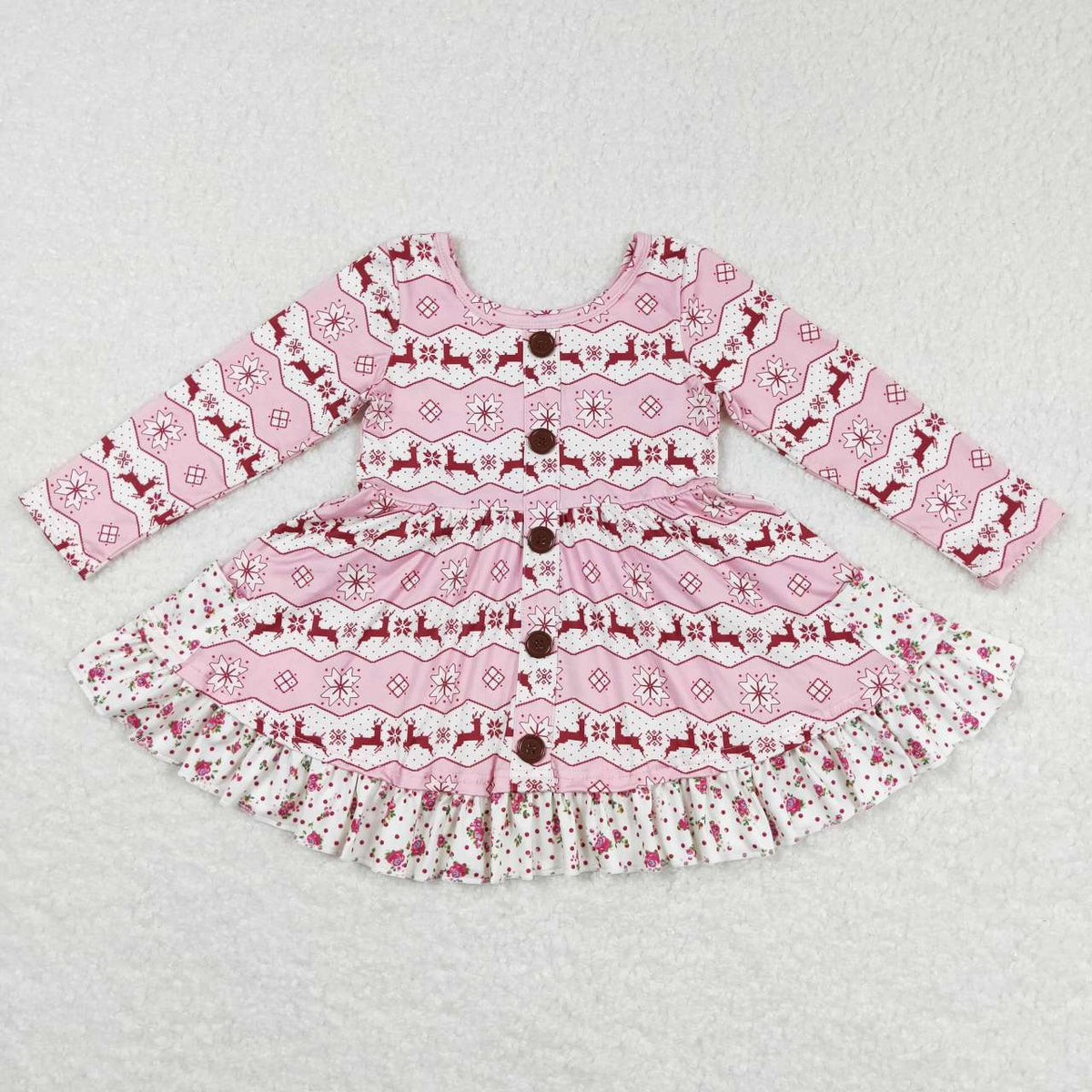 GLD0433 Christmas deer flowers pink long sleeve girls dress