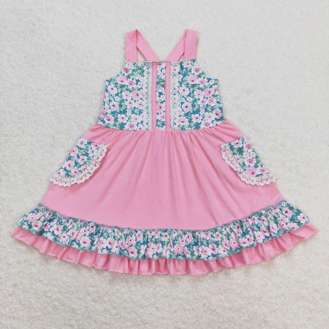 GSD0807 Flowers Pockets Pink Sleeveless Girls Dress