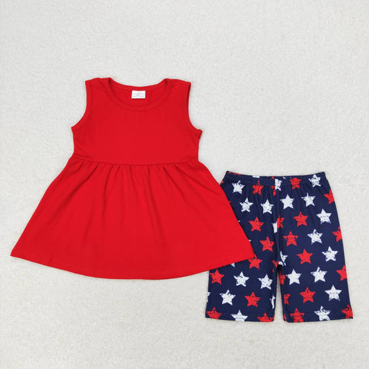 GSSO1302 July 4th red sleeveless top star blue shorts girls set