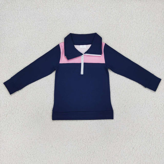 BT0290 Pink plaid navy long sleeve kids top