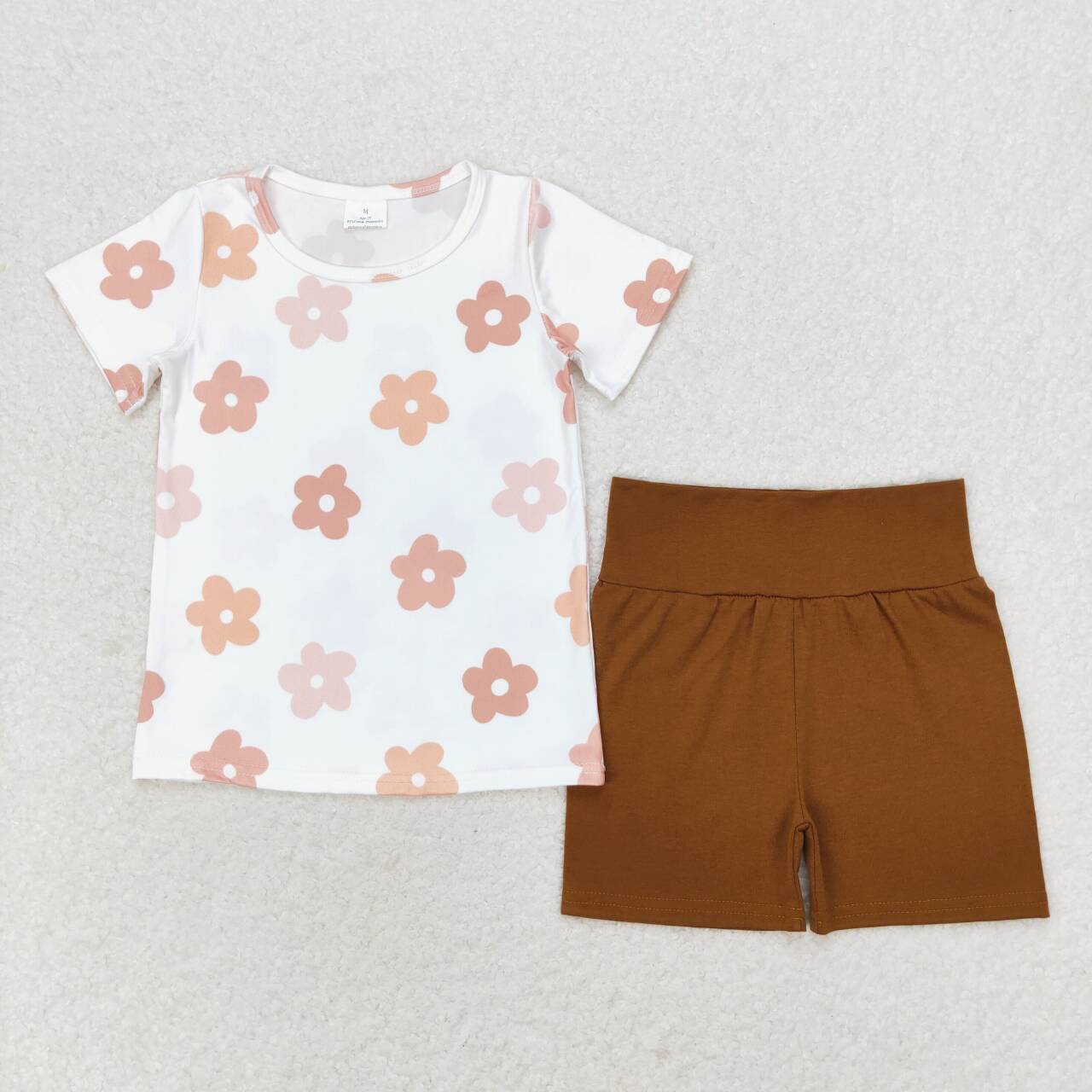 GSSO1371 multi color flowers short sleeve brown shorts girls set