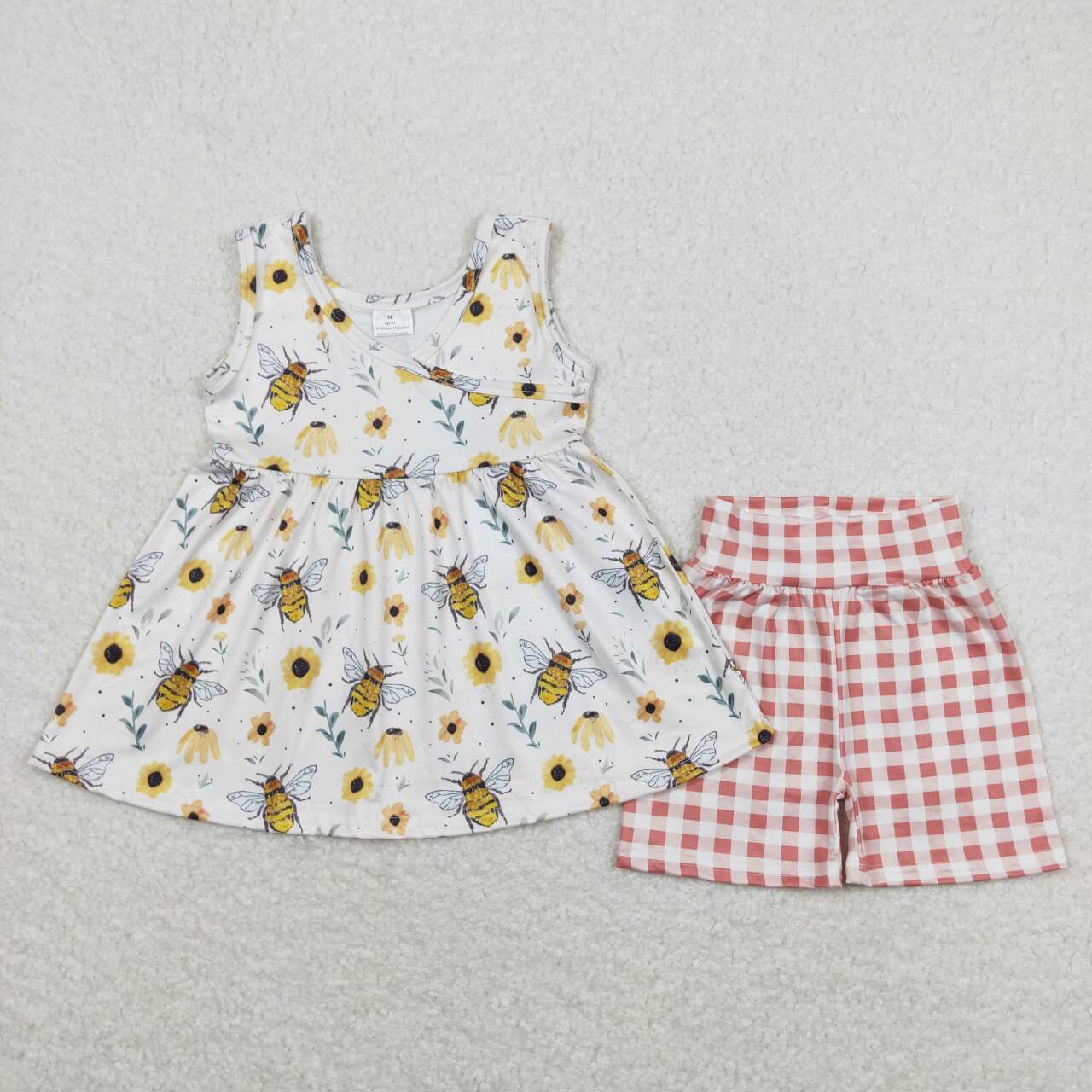 GSSO0743 Flowers bee sleeveless red checkered shorts girls set