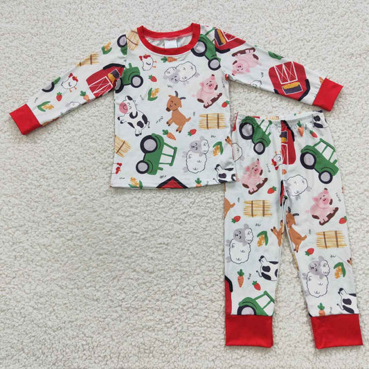 BLP0197 Farm House Truck Animals Long Sleeves Red Pants Boys Pajamas