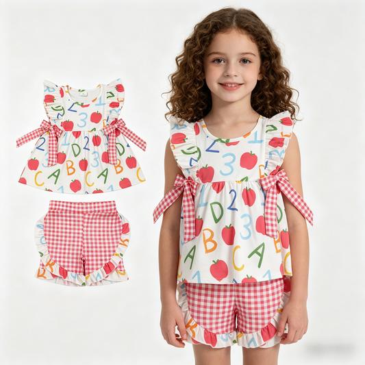 GSSO3258 Back To School Apple Pocket Flutter Sleeve Red Checkered Shorts Girls Set