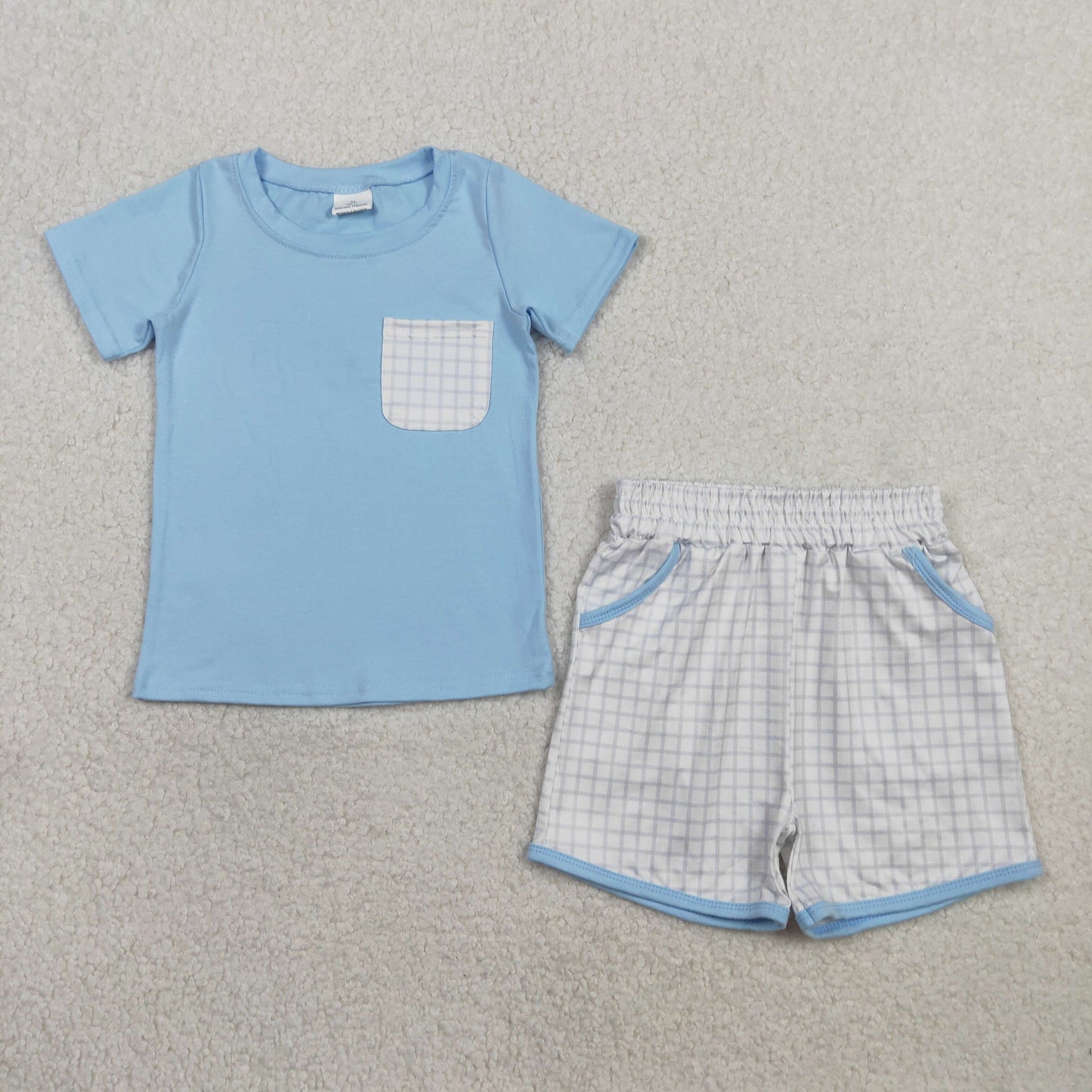 BSSO1762 Blue Pocket Short Sleeve Checkered Shorts Boys Set