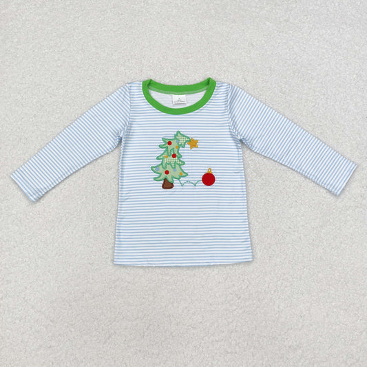 embroidery BT0809 Christmas tree blue striped long sleeve boys top