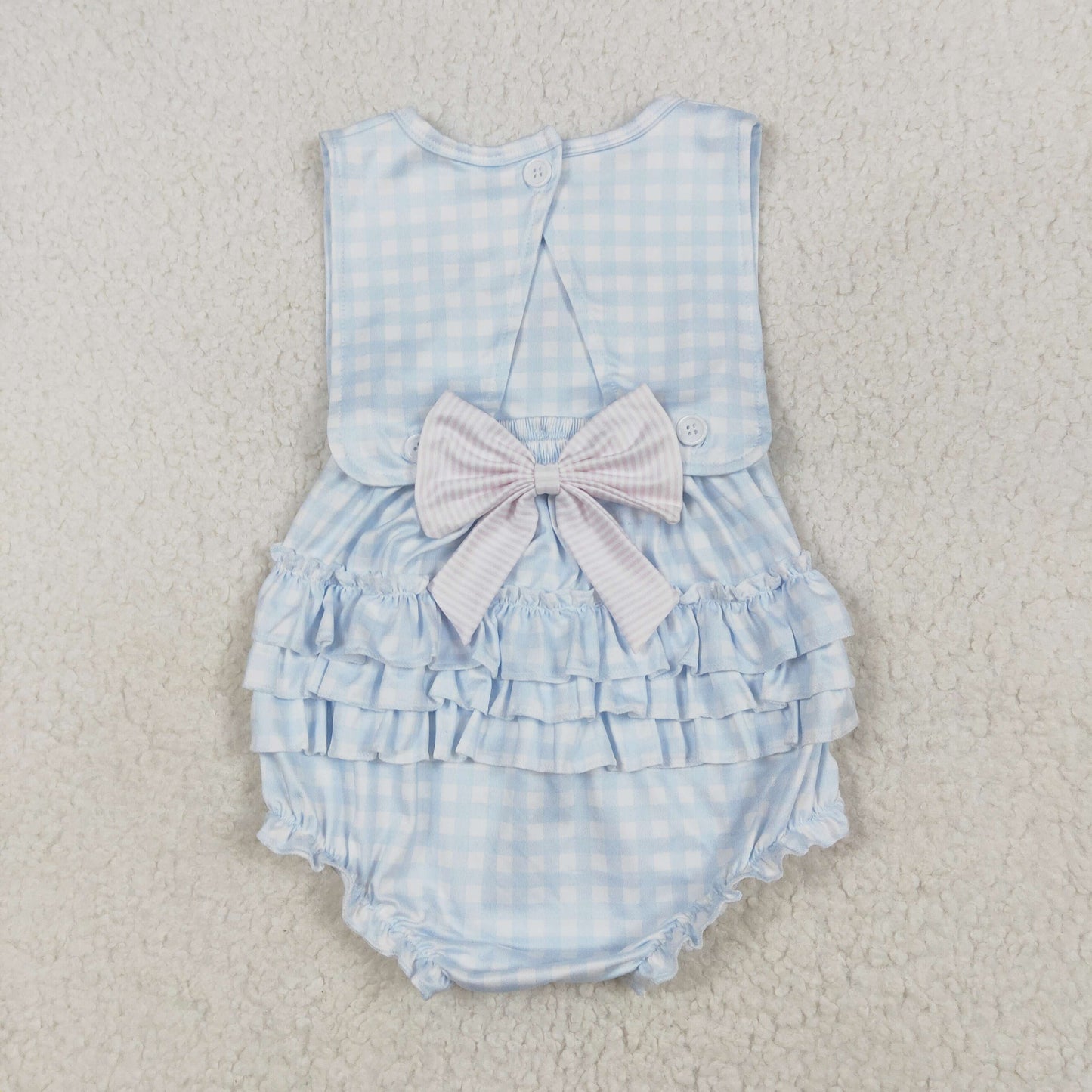 SR2203 Embroidery pink bows blue checkered sleeveless girls romper