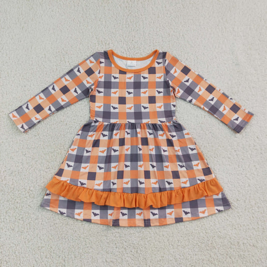 GLD1707 Halloween Bat Checkered Long Sleeve Girls Dress