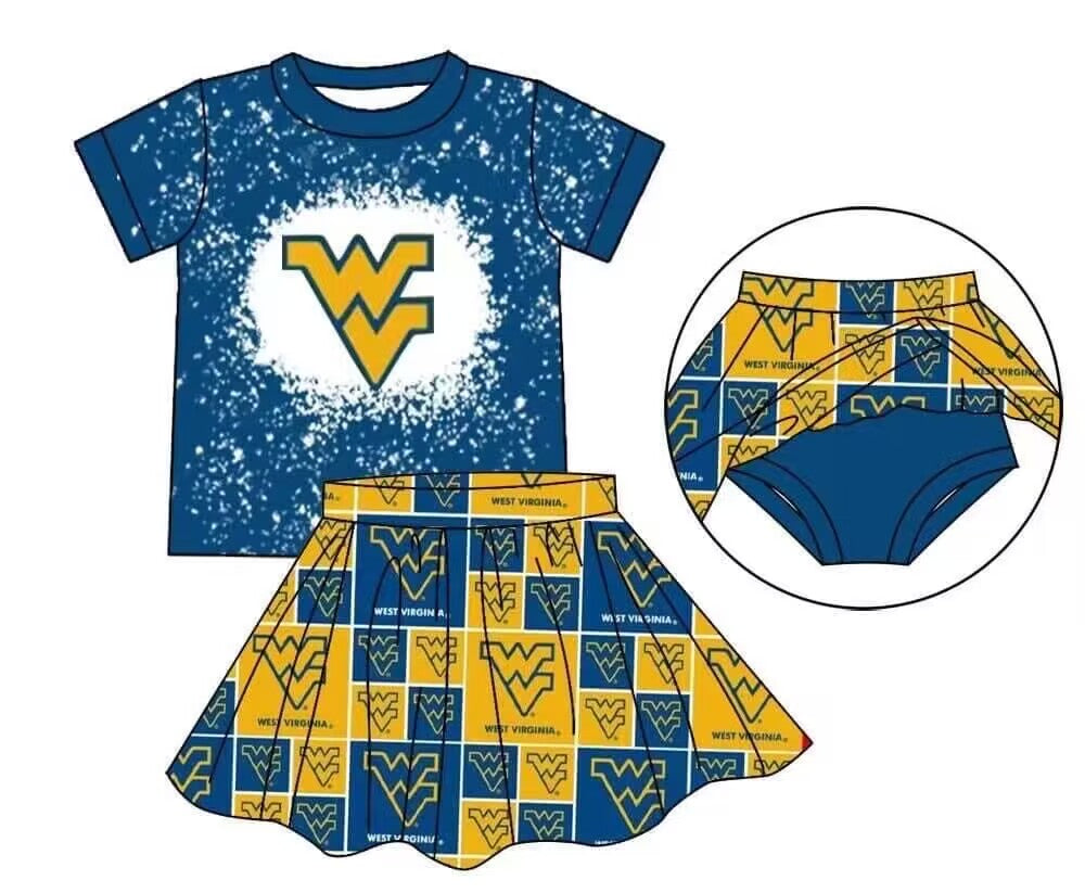 custom S football WV blue short sleeve yellow checkered skirt with shorts girls set