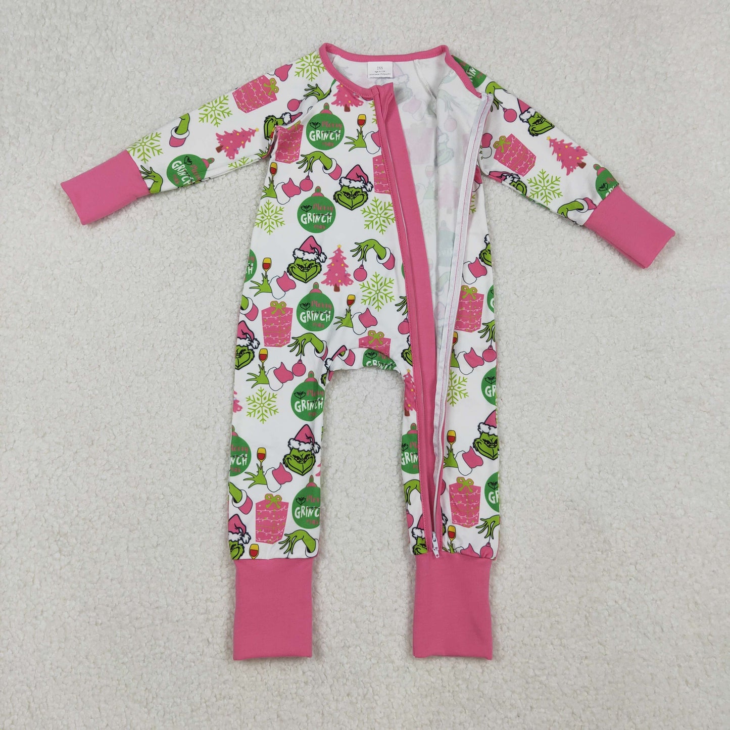 LR2588 Christmas green face tree hot pink zipper long sleeve girls romper