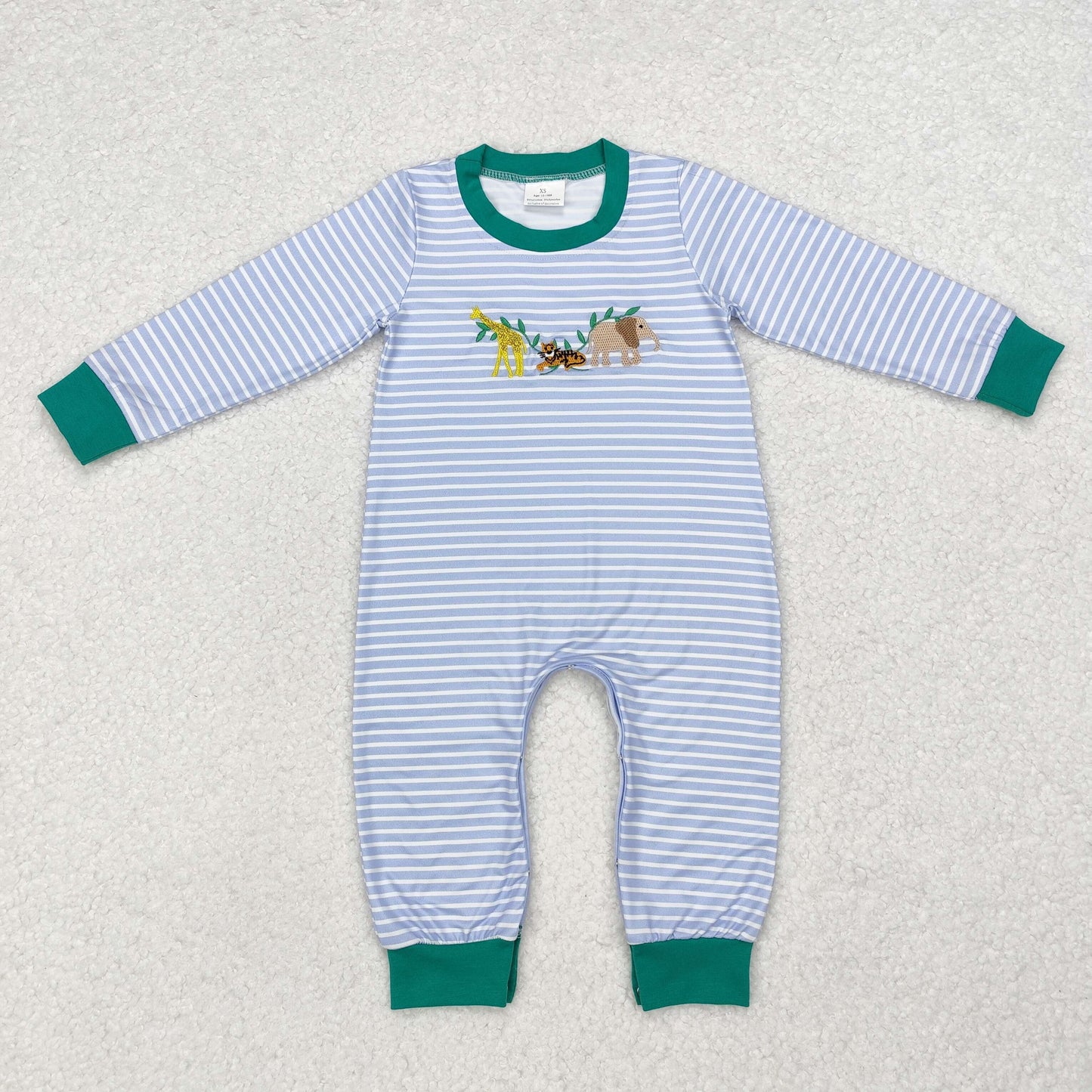 embroidery LR1616 cartoon deer tiger elephant blue striped long sleeve boys romper