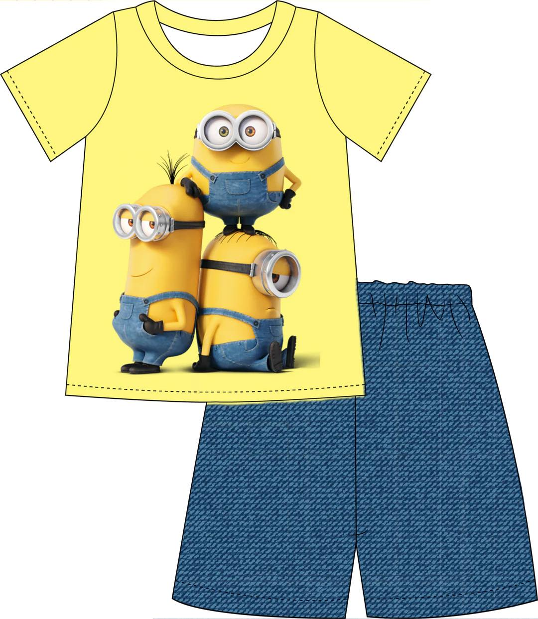 custom style yellow baby cartoon short sleeve blue shorts boys set tat 6-8 weeks