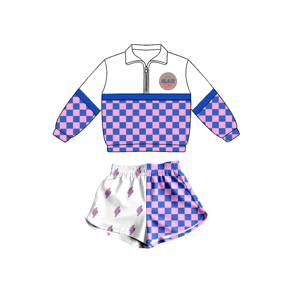 Custom Moq 3 Team Blue Pink Checkered Zipper Long Sleeve Shorts Girls Set