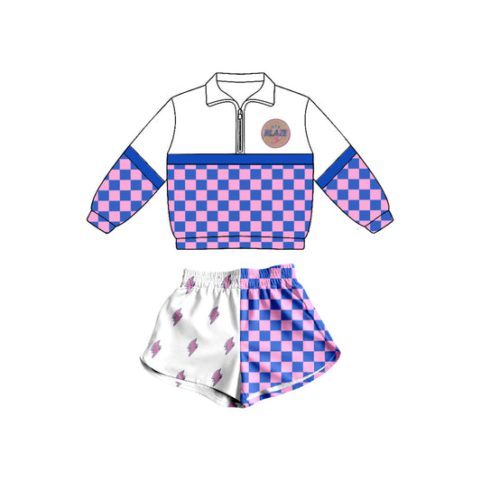 Custom Moq 3 Team Blue Pink Checkered Zipper Long Sleeve Shorts Girls Set