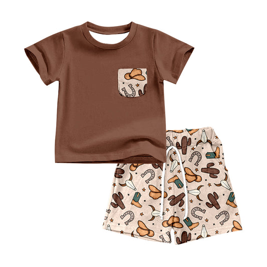Preorder BSSO0543 Western Cactus Hat Cow Brown Pocket Short Sleeve Shorts Boys Set