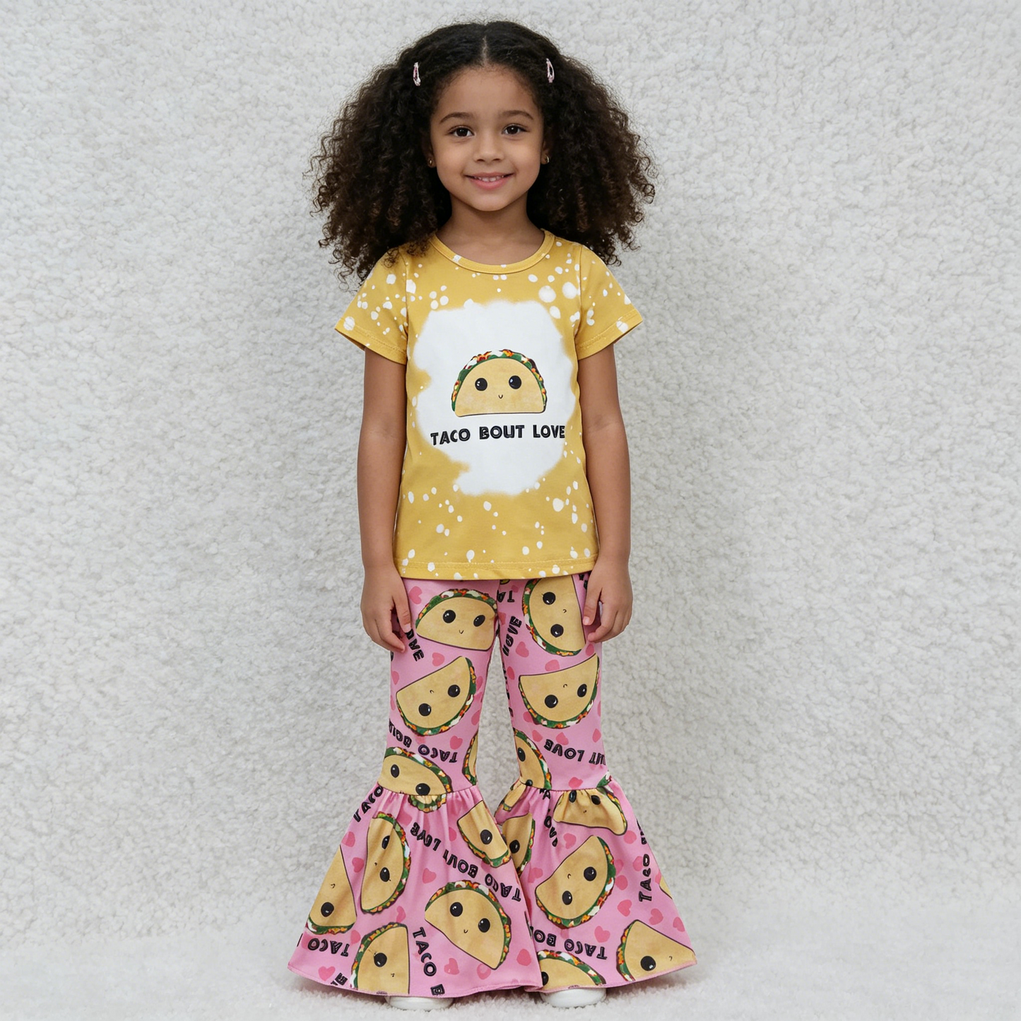 GSPO0347 Cute Yellow Bleach Design Pink Bell-pant Girls Set