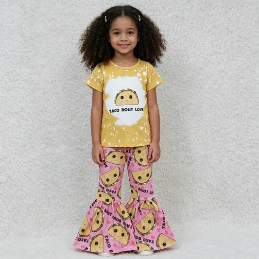 GSPO0347 Cute Yellow Bleach Design Pink Bell-pant Girls Set