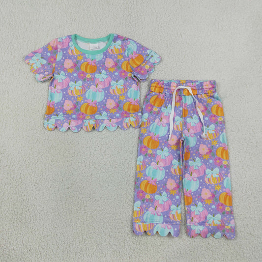 GSPO2364 Scallop Pumpkin Bows Purple Short Sleeve Pants Girls Set