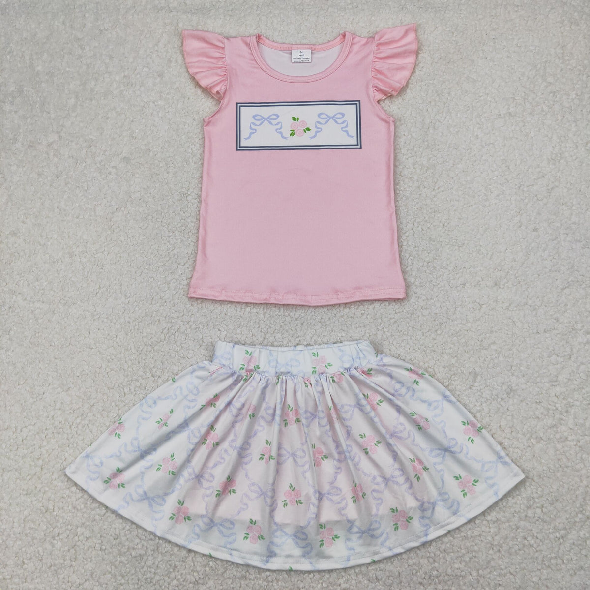 GSD2298 pink flowers blue bows flutter sleeve skirt with shorts girls set