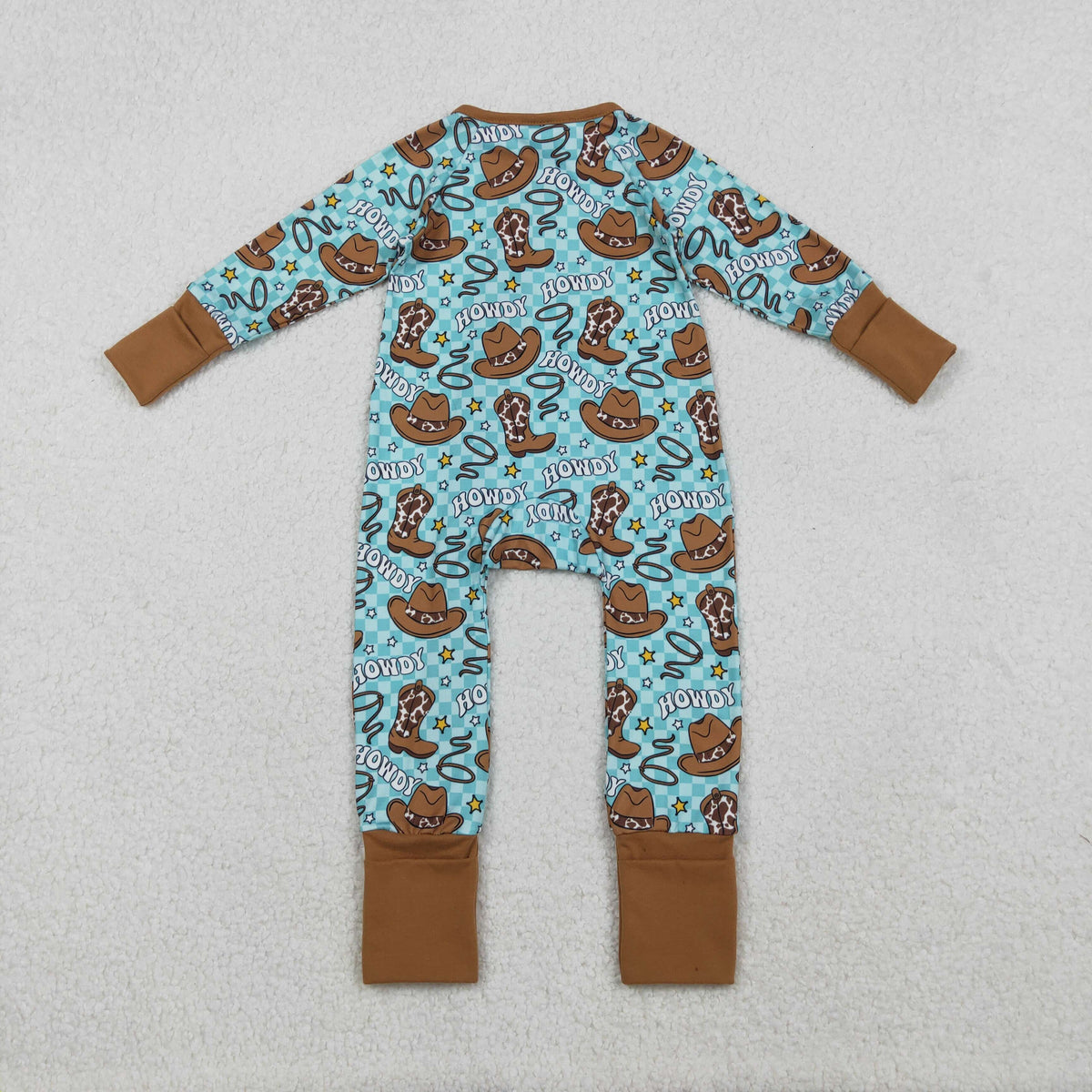 LR2517 Western boot howdy blue checkered long sleeve zipper boys romper