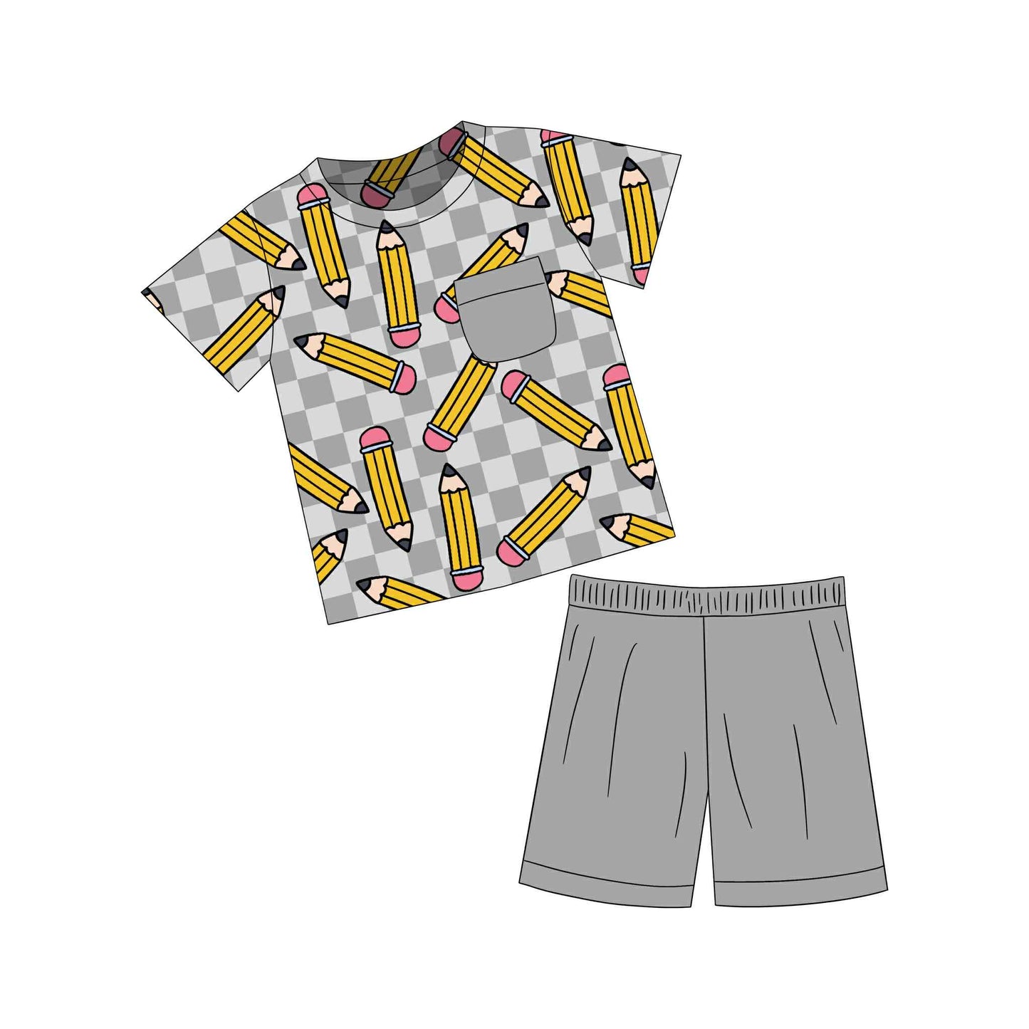 custom back to school pen grey pocket checkered short sleeve grey shorts boys set