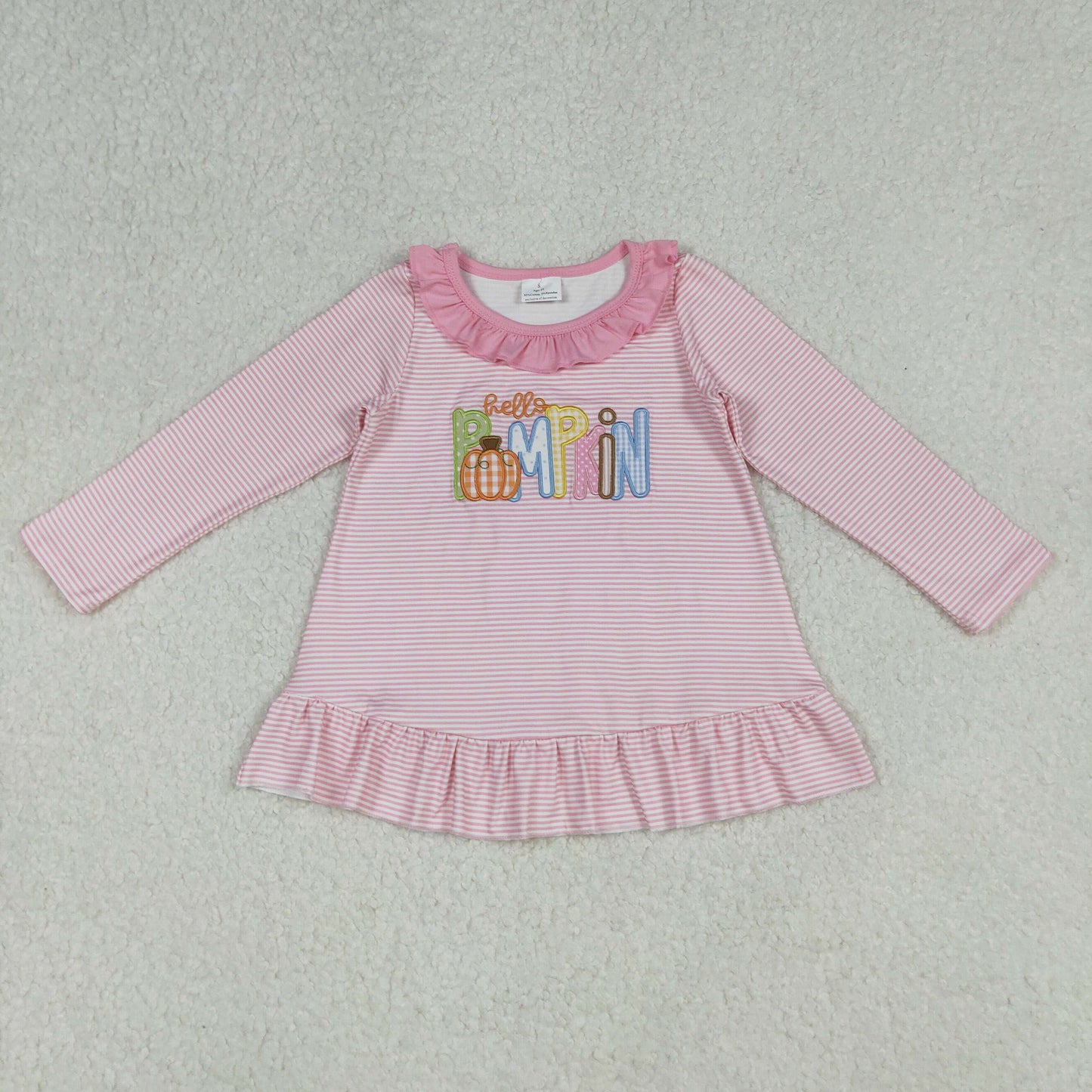 embroidery GT1183 pumpkin pink striped long sleeve girls top