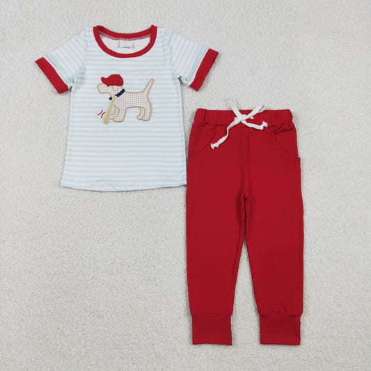 Embrodery BSPO0613 baseball blue short sleeve red pants boys set